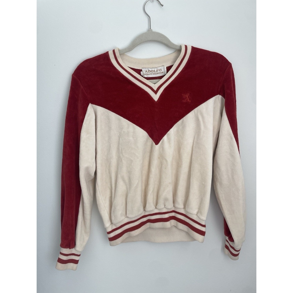 Vintage Adolfo Varsity Velvet Red Beige Henley V Neck‎ Sweater Small